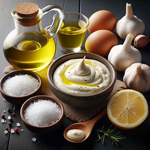 Salsa alioli junto a un diente de ajo, sal, huevos, aceite de oliva y un limón